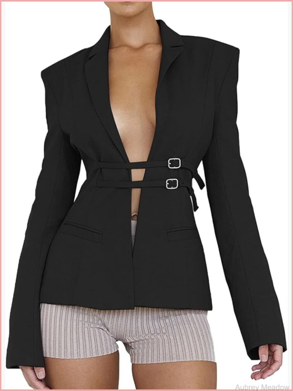 Buckle Belt Blazer Coat Long Sleeve Lapel Collar Padded Shoulder Open Front